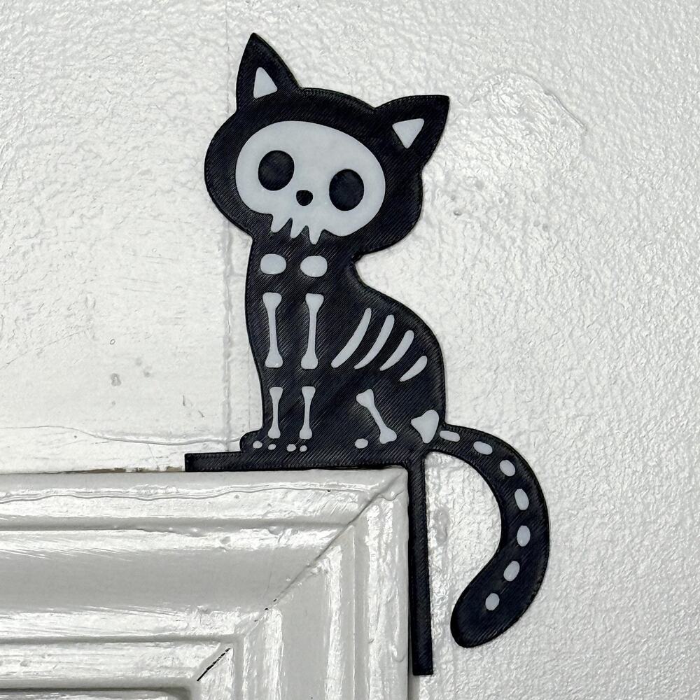 Black Skeleton Cat Door Decor Halloween Plastic Corner Topper Modern Goth Cute